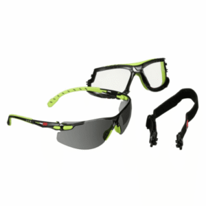 Lentes de Seguridad 3M Solus Serie 1000, S1202SGAF-TKT, Gris, Recubrimiento Antiempaño Scotchgard, con Patillas Verdes, Banda Elástica y Marco de Espuma