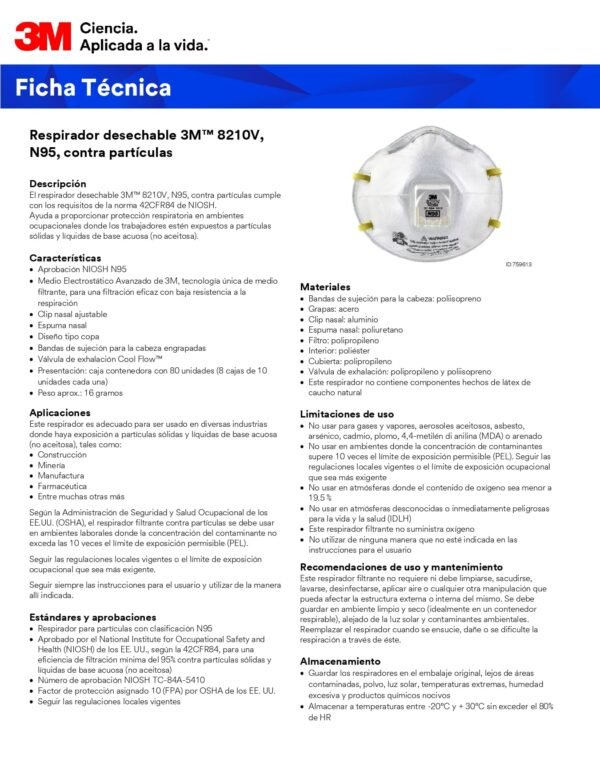 Respirador para Partículas 3M 8210V, N95, con Válvula c/10 piezas - Image 2